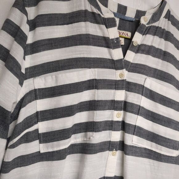 Merona Tunic Top Women Medium Stripes Nautical V-Neck Collarless Navy Cream M - Picture 6 of 11